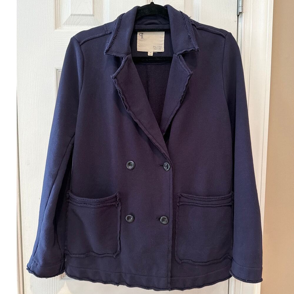 Pilcro Anthropologie Navy Double Breasted French Terry Blazer Raw Hem XS